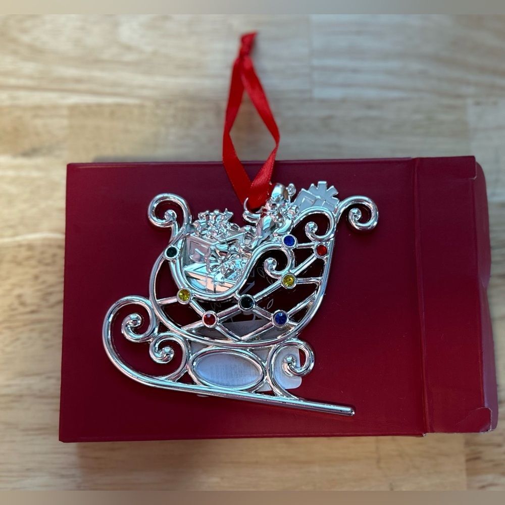 Lenox Sparkle and Scroll Sleigh Ornament Silvertone With Multi Colored Gems